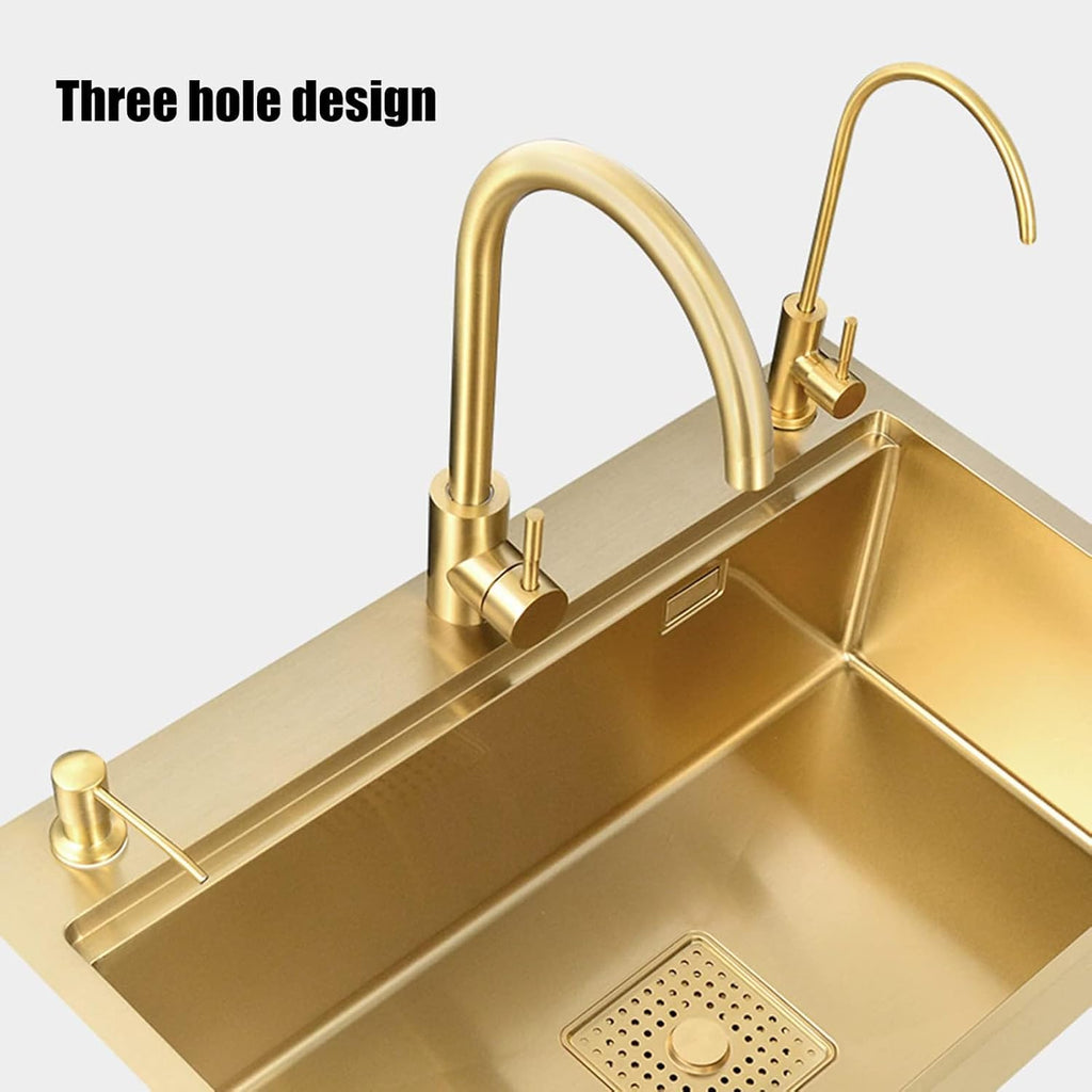 Kitchen Sink Gold, Single Bowl Kitchen Sinks Drop in 304 Stainless Steel Kitchen Sink with Tap, Soap Dispenser and Water Filter,with Mounting Accessories,80(
