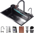 Stainless Steel Single-Bowl Kitchen Sink with Waterfall Design Workstation Sink with Black Grey Finish Waterfall Pull-Down Faucet and Complete Accessory Set (Black 75x46x22cm)