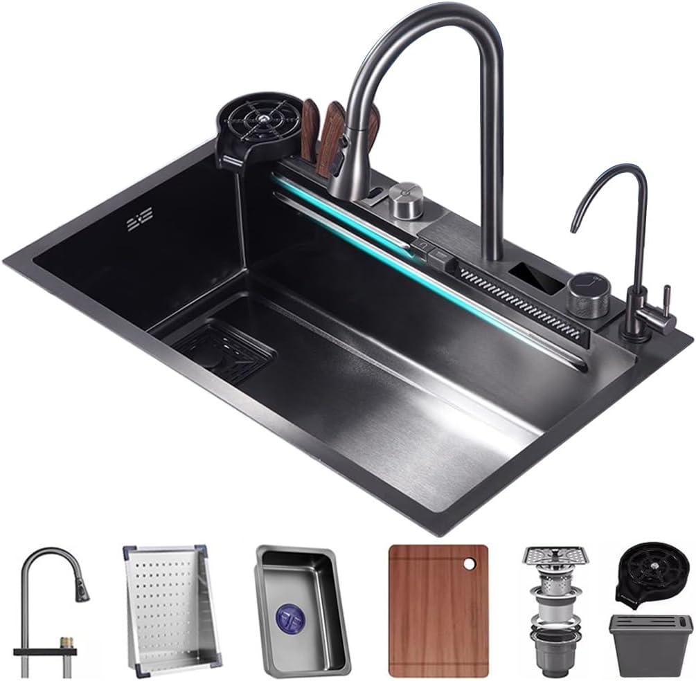 Stainless Steel Single-Bowl Kitchen Sink with Waterfall Design Workstation Sink with Black Grey Finish Waterfall Pull-Down Faucet and Complete Accessory Set (Black 75x46x22cm)