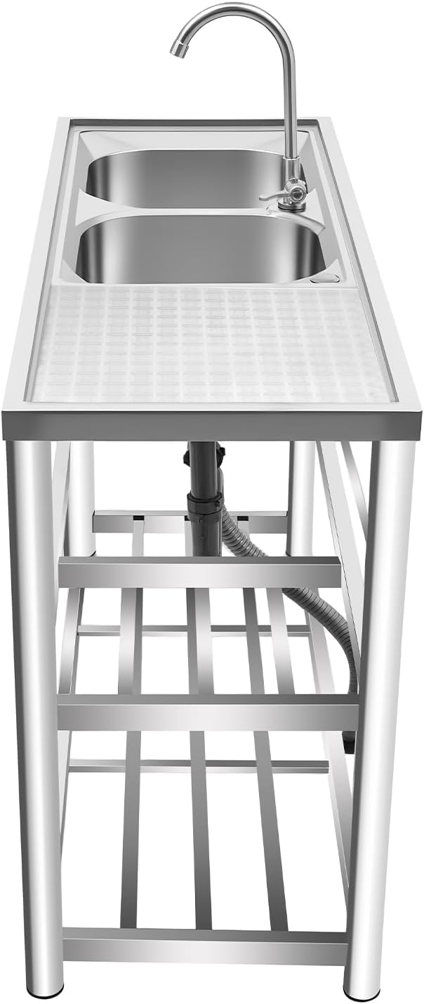 47' Commercial Stainless Steel Kitchen Sink, 2-Bowl Triple Layer with Single Faucet, Commercial Restaurant Kitchen Sink for Restaurant, Food Truck & Home Kitchen