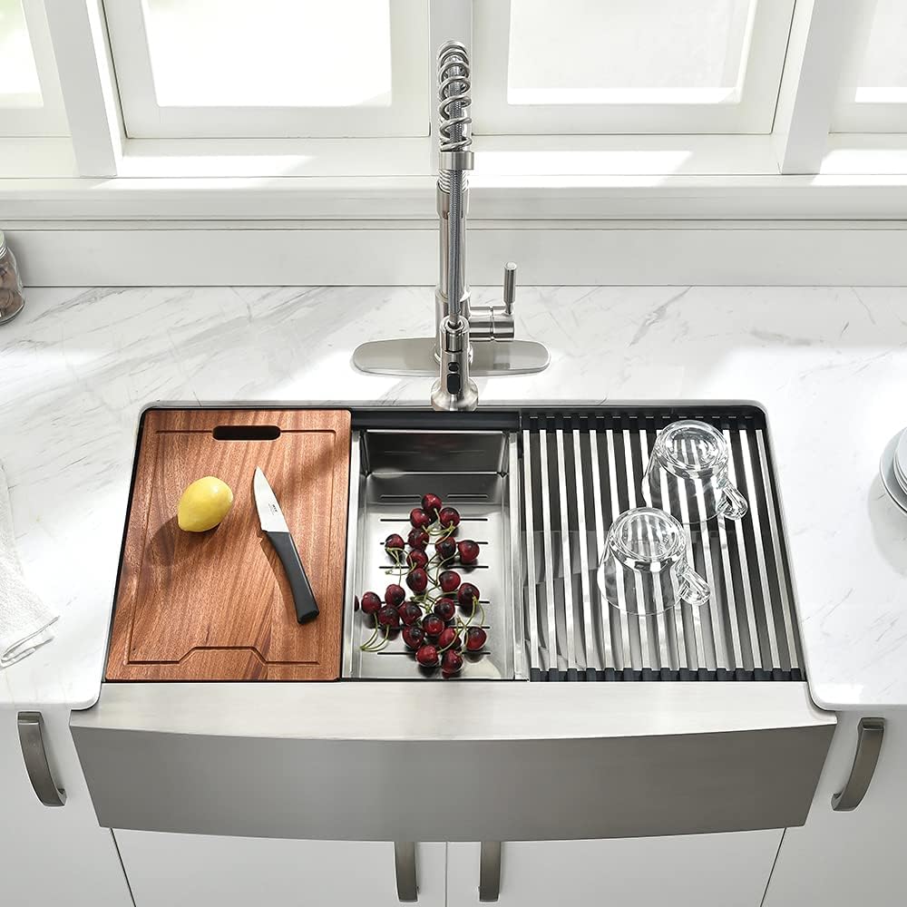 33Inch Farmhouse Kitchen Sink -VOKIM 33'x22' Apron Front Kitchen Sink Workstation Single Bowl 16 Gauge Stainless Steel Kitchen Farm Kitchen Sinks with Accessories