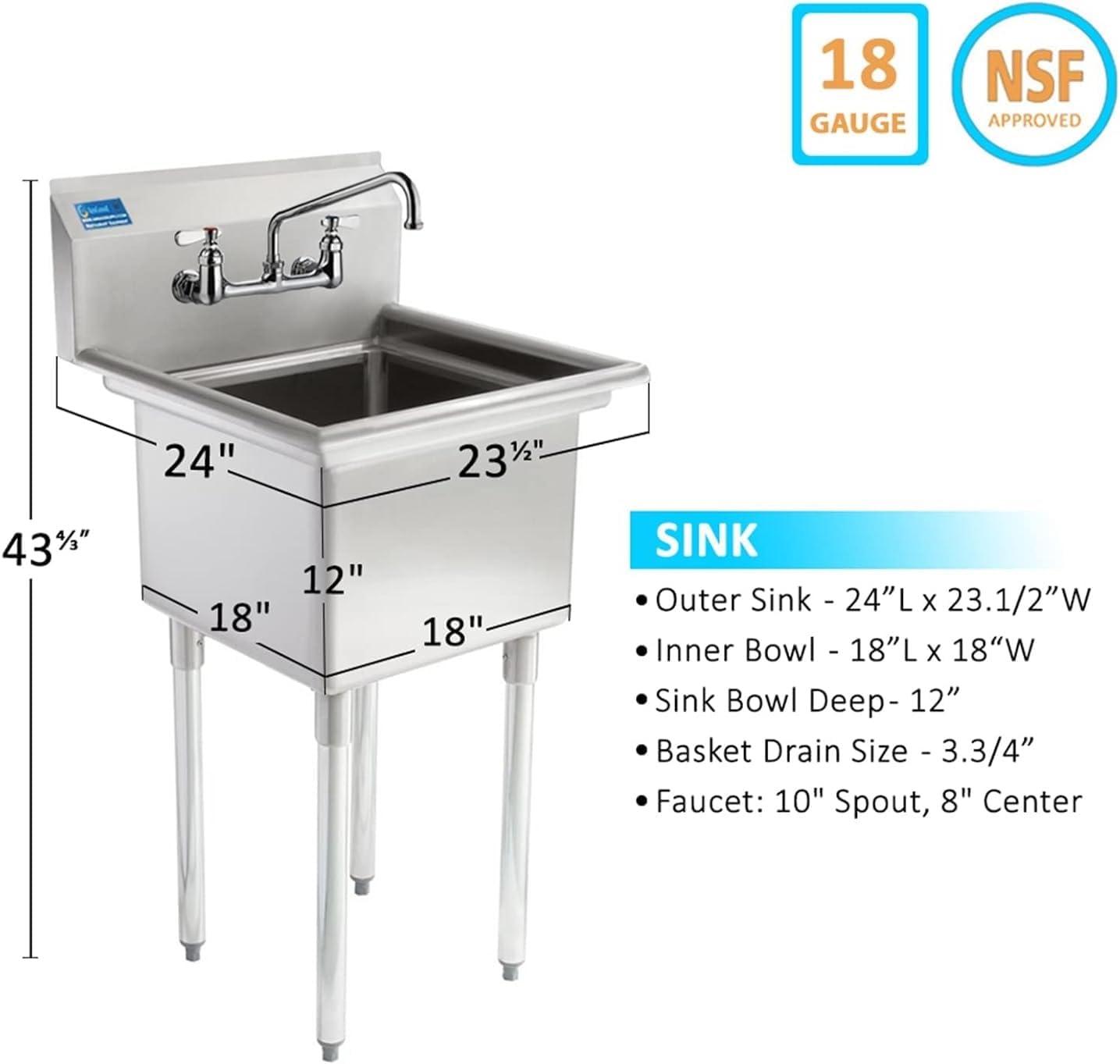 Express-KitchQuip Stainless Steel Utility Sink – 24' x 24' One Compartment | 304 Grade | NSF Certified for Restaurant, Kitchen, Garage, Laundry