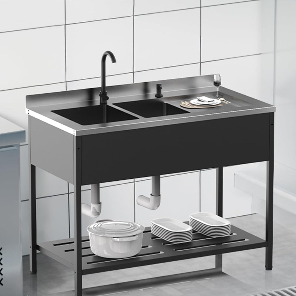 ROVSUN Black Electroplated Stainless Steel Double Bowl Utility Sink, 24'D x 47.5'W x 38.9'H, Heavy-Duty Freestanding Prep & Cleaning Sink with Faucet for Restaurant, Kitchen, Laundry, and Garage Use
