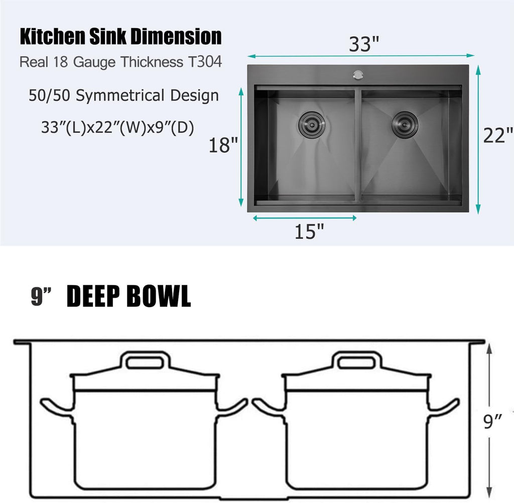 33x22 Double Bowl Kitchen Sink 33 Inch Black, Stainless Steel Drop in Double Basin Kitchen Sink, Topmonut 50/50 Kitchen Sinks Workstation Sink with Accessories