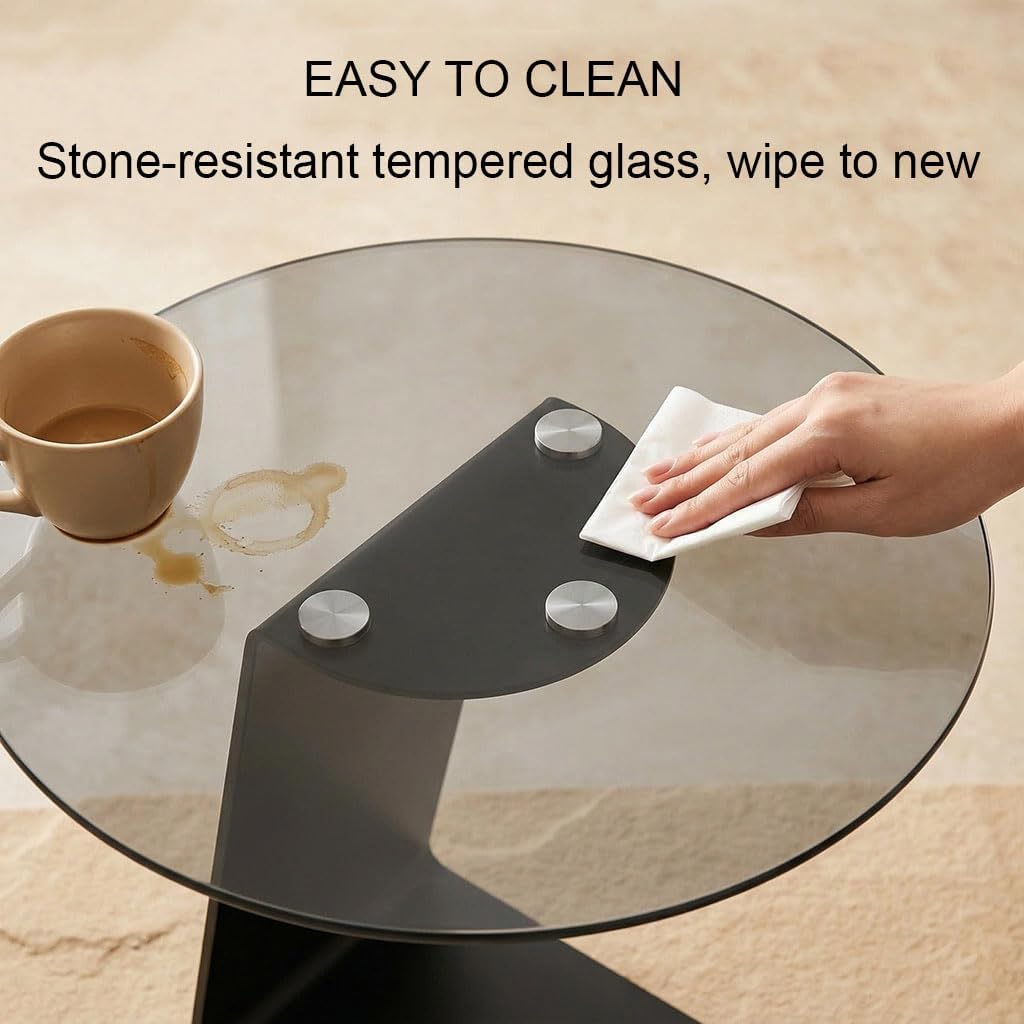 25.5-Inch High C-Shaped End Table with Tempered Glass Top & Black Metal Frame, Modern Space-Saving Sofa Side Table for Living Room, Bedroom, Small Spaces (A)
