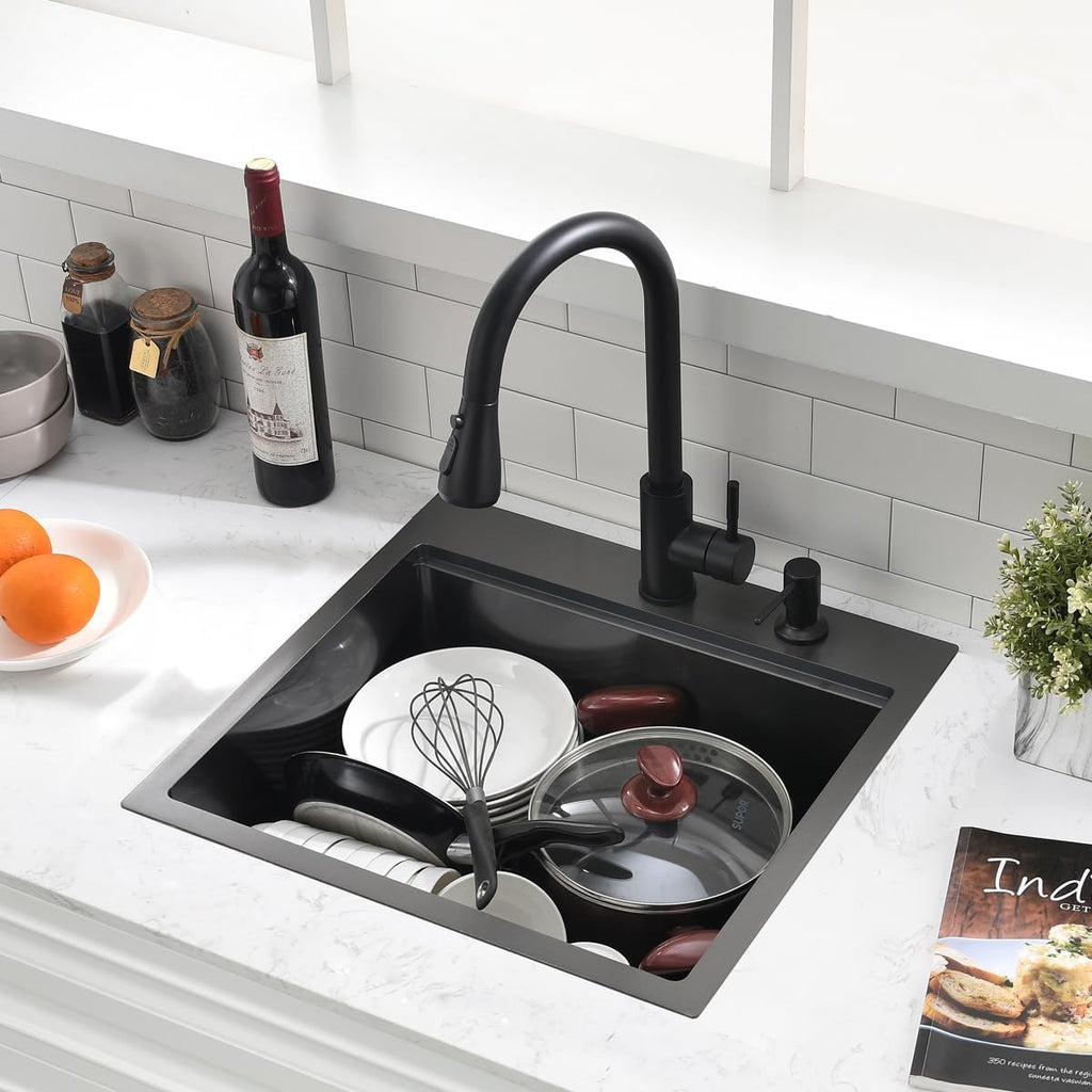 20 inch Black Drop Bar Sink - VOKIM 20'x 19' Inch Drop-in sink Workstation 16 Gauge Single Bowl Kitchen Sink With Cutting Board& colander