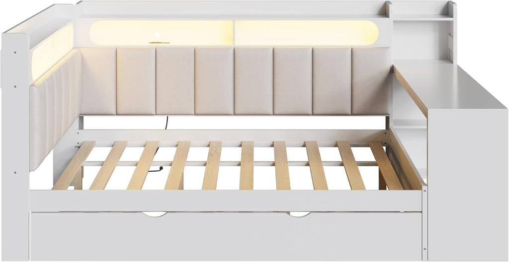 Merax Full Size Daybed with Storage Shelves and Trundle, Wooden Corner Bed with Charging Station, LED Light, Desk, Upholstered Headboard and Backrest, No Spring Box Need