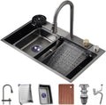 Stainless Steel Waterfall Sink Multifunctional Single Bowl Kitchen Sink Nano Coated Workstation Sink with 3-in-1 Pull-Out Faucet,Drainage Component,Cup Wash(