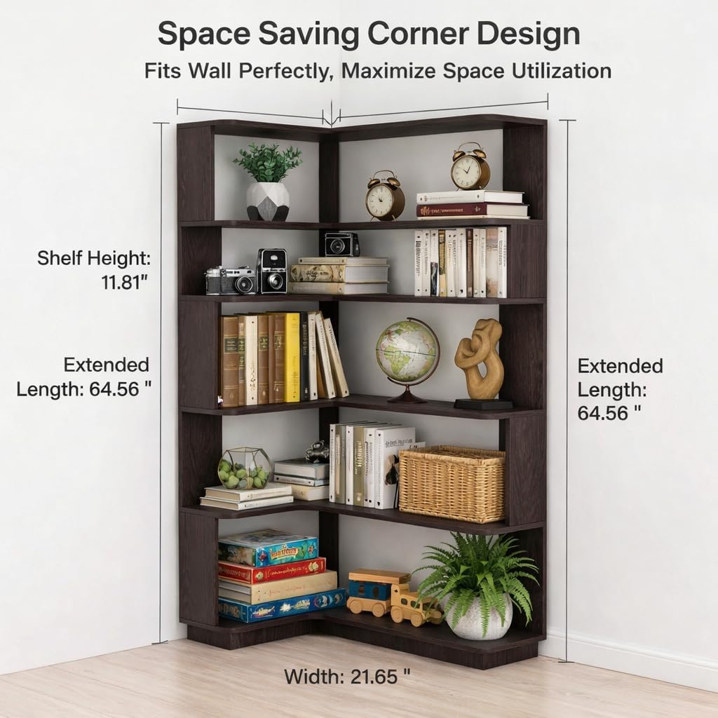 5 Tier Corner Bookshelf, Freestanding L-Shaped Wooden Bookcase with Open Shelves, Anti-Fall Panels and Anti-Tipping Device for Living Room, Home Office (Ox Blood Red with Right Extension)