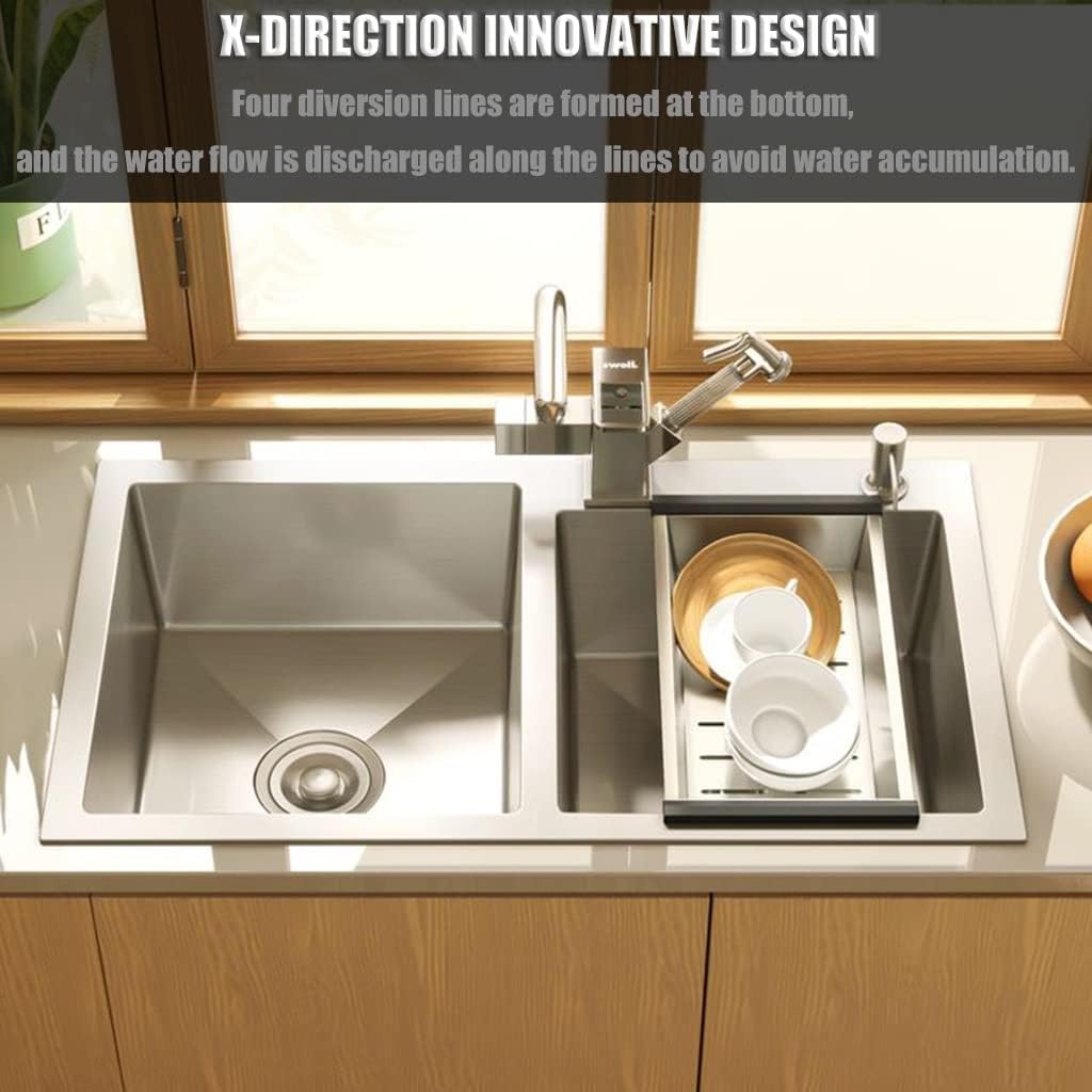 Brushed Double Bowl Kitchen Sink Prep Sink Rv Sink with Faucet & Drain Assembly Drop in or Undermount (D-82 * 45 * 21Cm