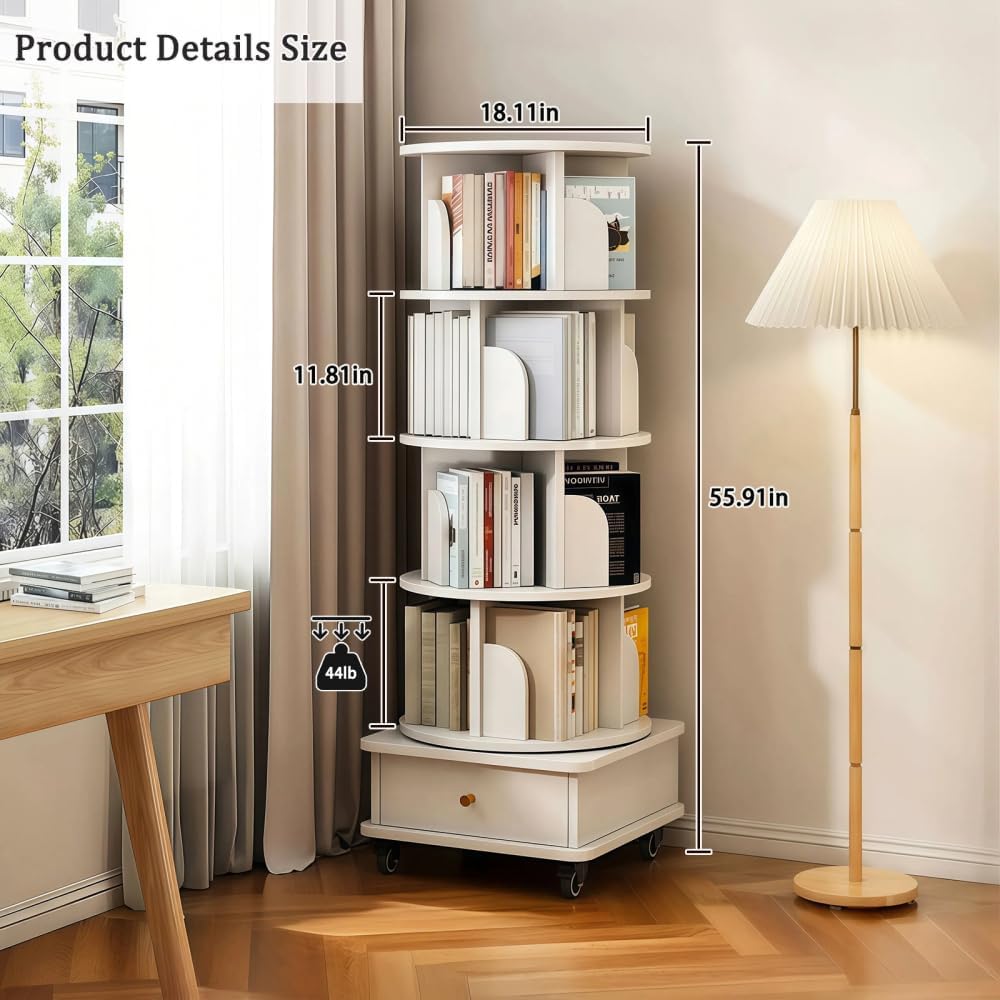 360° Rotating Bookshelf with Drawer and Wheels, 5 Tier Tall Bookcase for Small Spaces, Corner Shelf for Bedroom, Living Room, Office, Wood Bookshelf, White