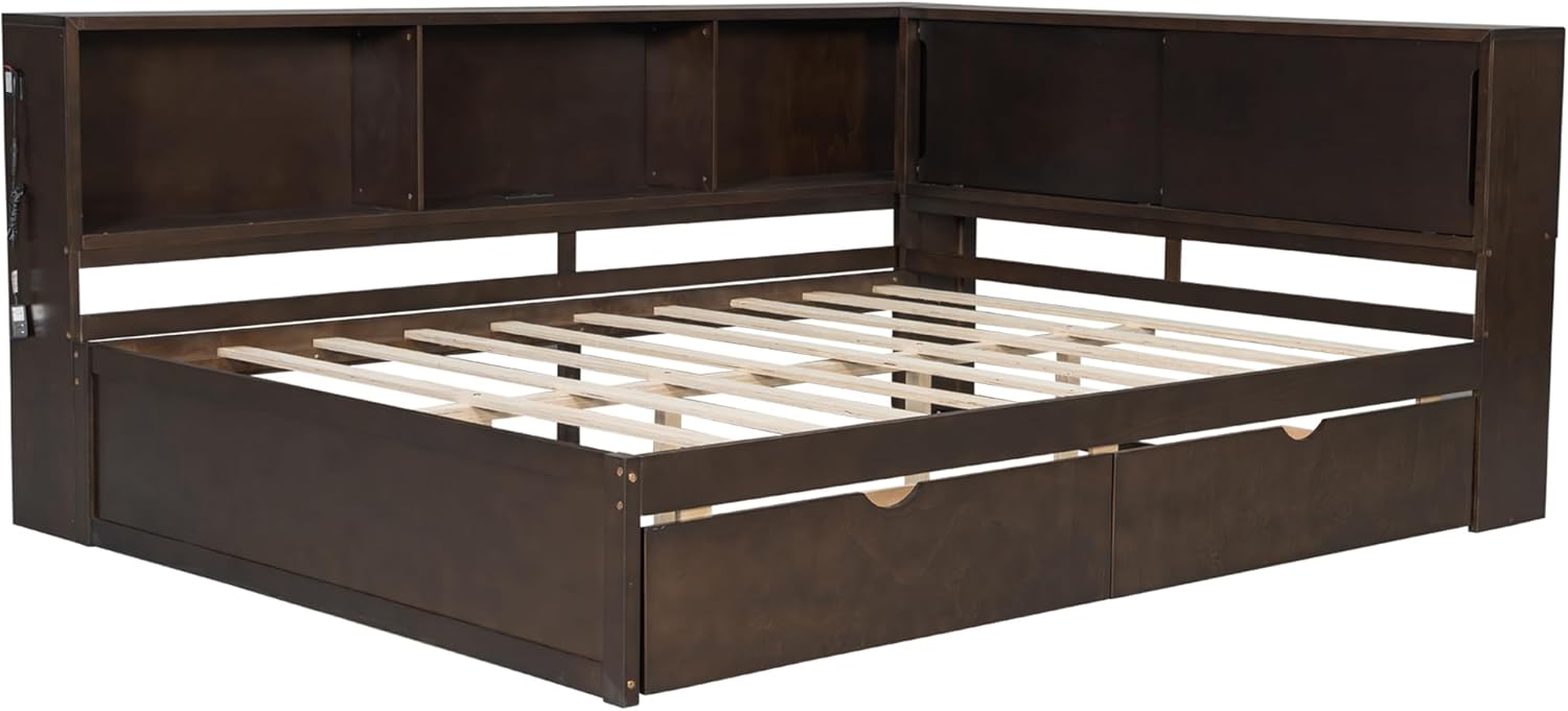 Merax Queen Size Daybed Frame with 2 Drawers and Storage Shelves for Kids, Teens or Adults, Wooden Corner Bed Sofa Bed with USB Ports and LED for Living Room or Bedroom, No Box Spring Needed, Brown