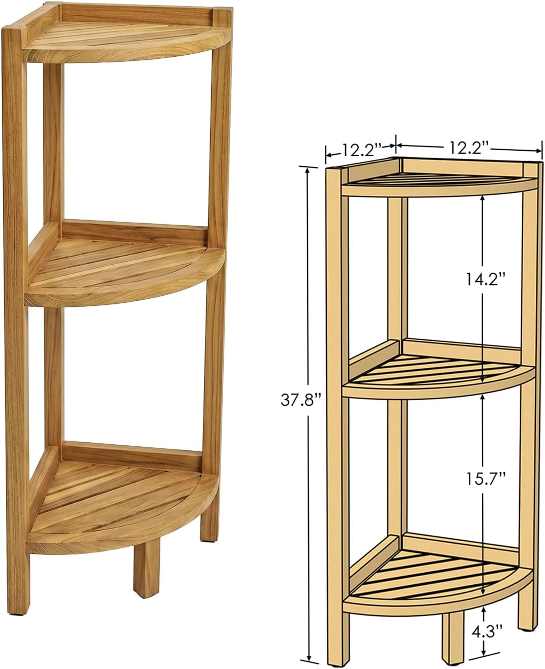 Asta Spa Teak 3-Tier Bathroom Free Standing Corner Shelf, Avila, Fully Assembled, TB-137