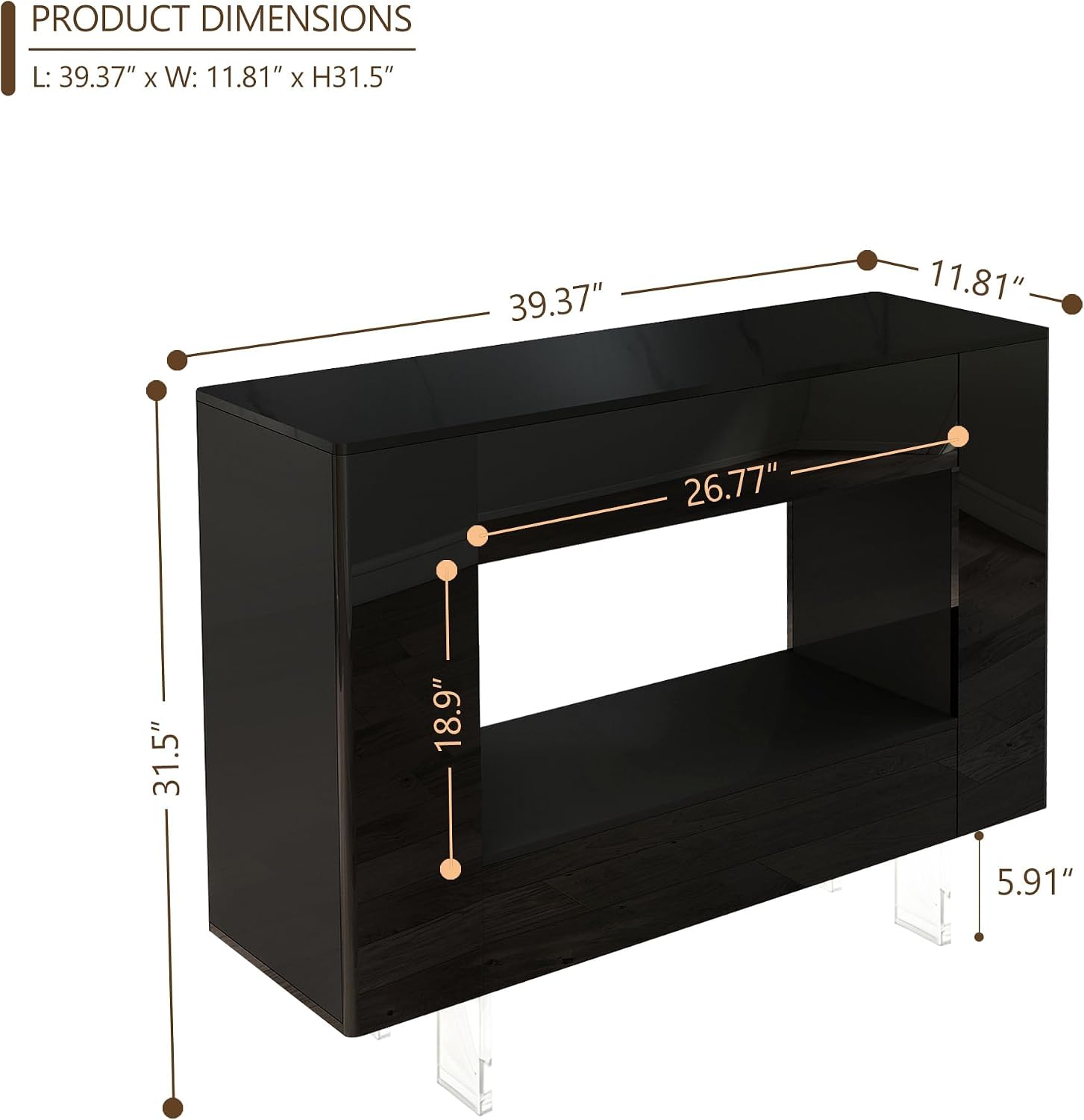 High Gloss Console Table with Hidden Side Storage Cabinets, Adjustable Shelves, Black Modern Black Entryway Sofa Table for Behind The Couch, Living Room, Hallway,