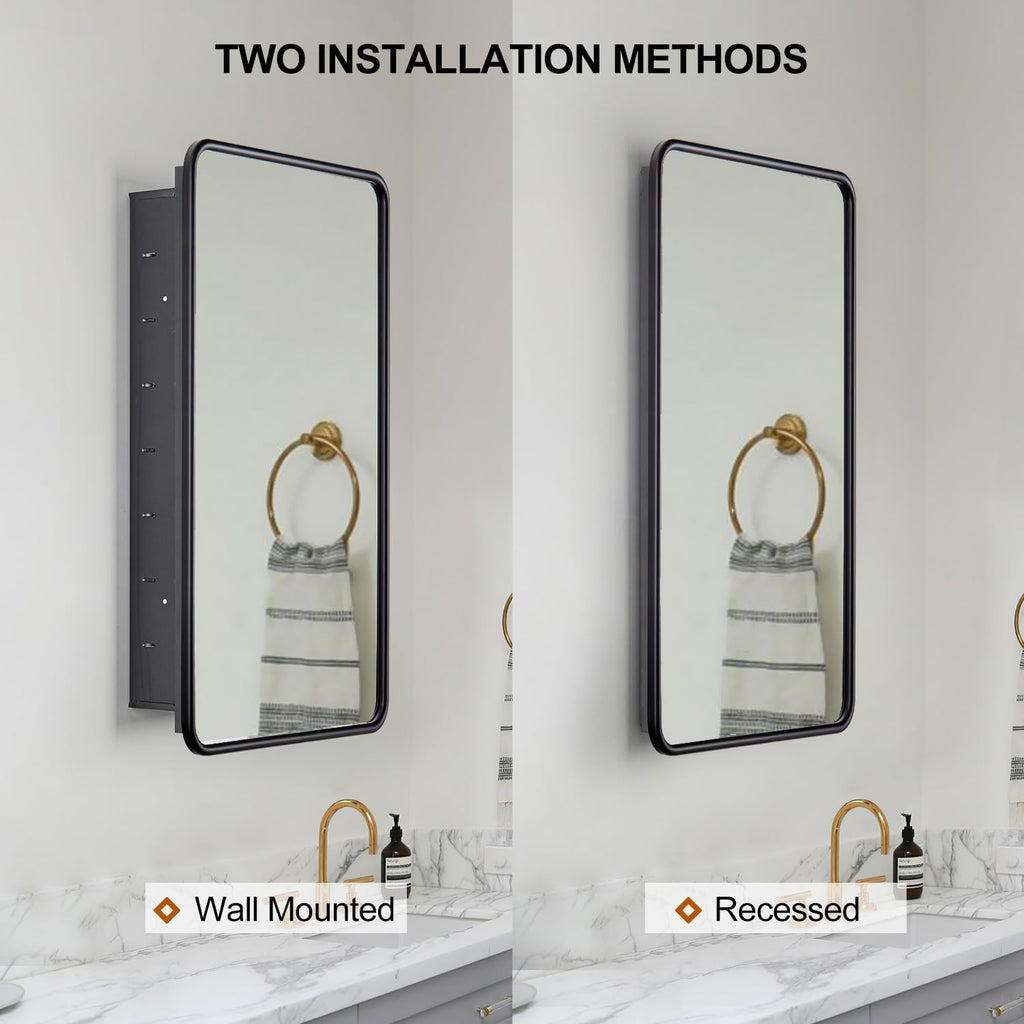 Black Bathroom Medicine Cabinet with Mirror 17 x 27 Metal Frame Recessed Or Wall Mounted Single Door Storage Medicine Cabinets with Adjustable Shelves Rounded Corner Beveled Mirrors