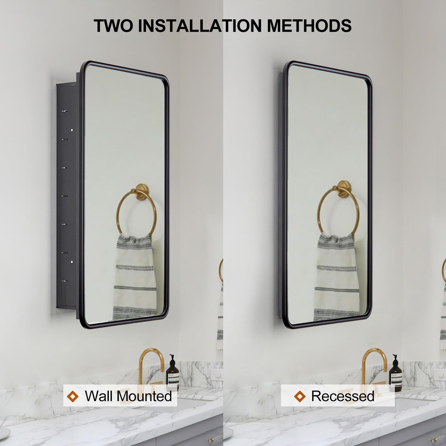 Black Bathroom Medicine Cabinet with Mirror 17 x 27 Metal Frame Recessed Or Wall Mounted Single Door Storage Medicine Cabinets with Adjustable Shelves Rounded Corner Beveled Mirrors