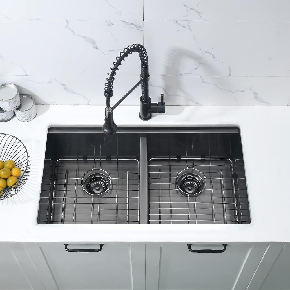 33 Inch Black Double Bowl Undermount Kitchen Sink Workstation-Bokaiya 33x19 Kitchen Sink Undermount 50/50 Double Bowl Sink 16 Gauge Black Stainless Steel Double Basin with Cutting Board