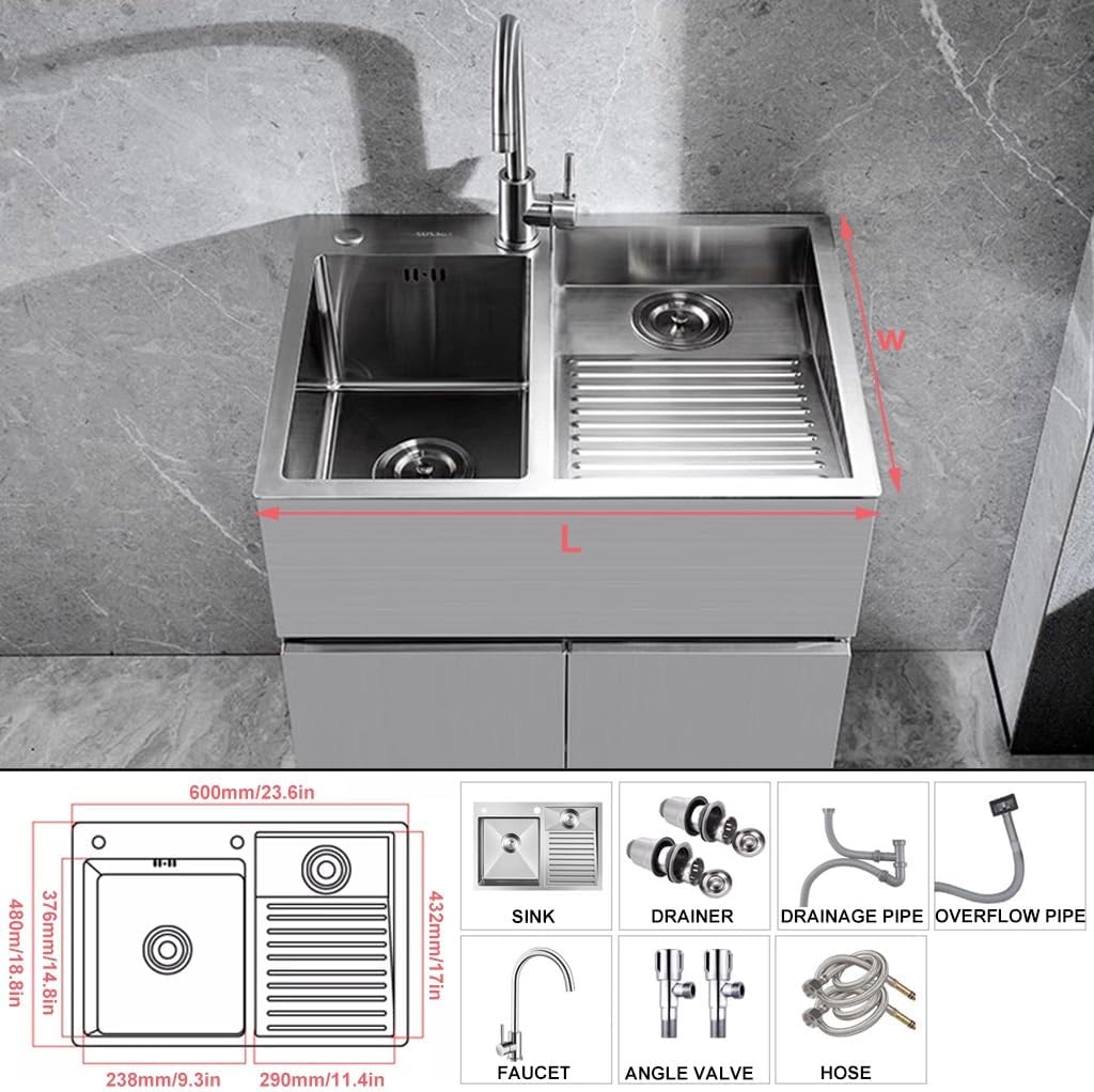 Bathroom Sinks Large 304 Stainless Steel Laundry Pool Single Bowl Kitchen Sink with Washboard Laundry Sink with Big Bend Faucet and Drainage Component (Silver-60x48x21cm