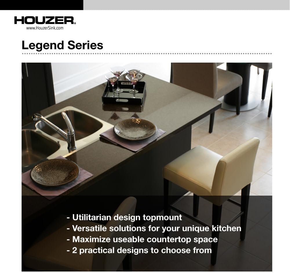 Houzer Legend Stainless Steel Kitchen Sink: 33 Inch Topmount 4-Hole 80/20 Small Left Double Bowl Sink with Strainer & Grids, Durable & Versatile, Essential for Home & Apartment: LHD-3322-C