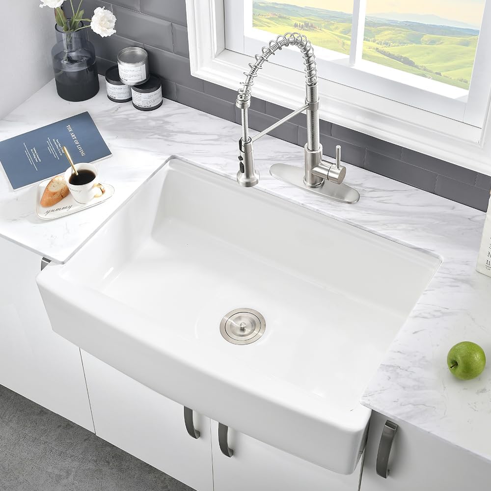 33 Inch White Farmhouse Sink Workstation-VASOYO 33 x 21 Apron Front Farm Sink White Fireclay Farmhouse Kitchen Sinks Workstation Single Bowl Deep Kitchen Sinks Undermount with Cutting Board