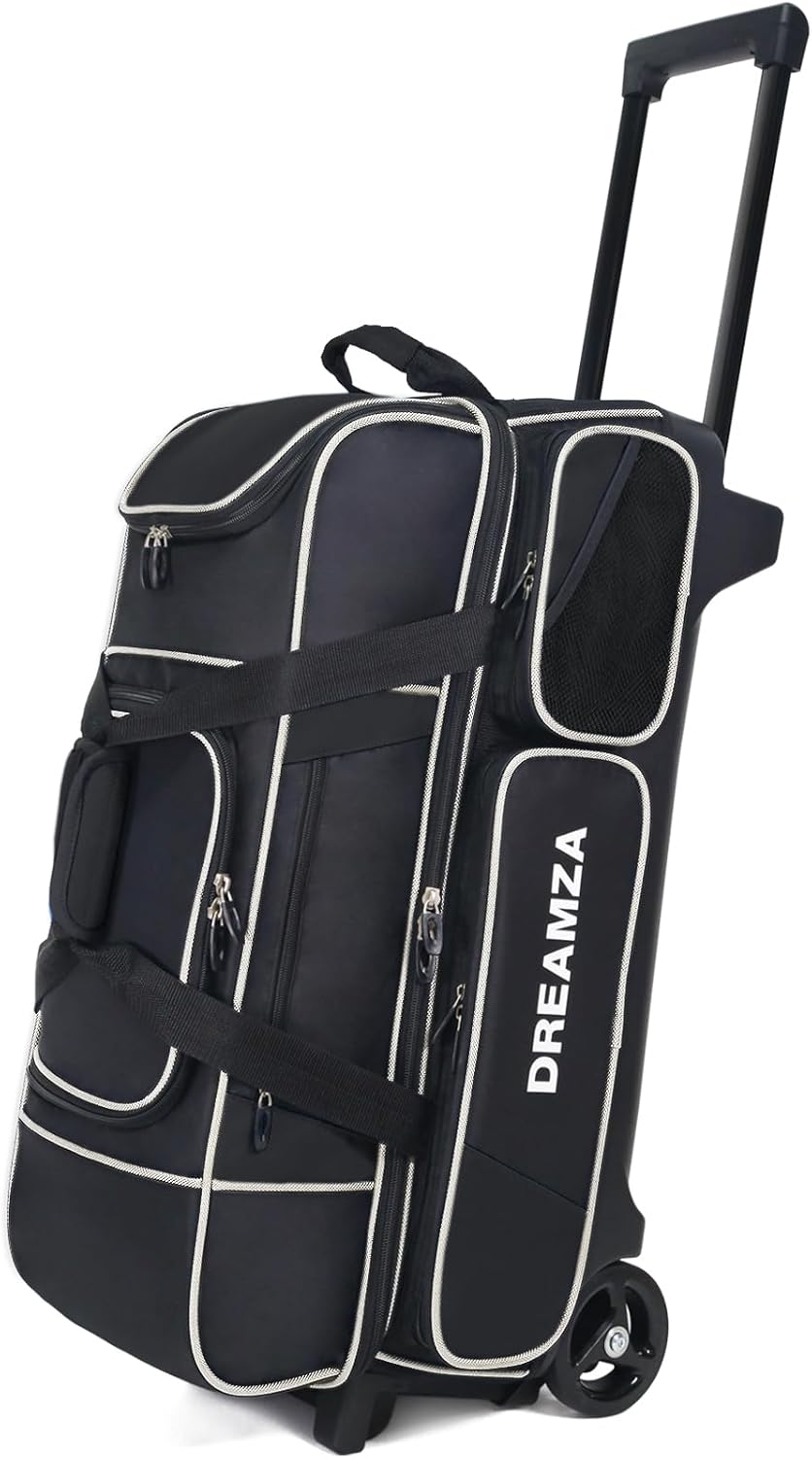 3 Ball Bowling Bags with Wheels & Shoe Pocket, Premium Bowling Ball Bag 3 Ball Roller, Effortless-Rolling 3 Ball Bowling Bag w/Multi-Storage Pockets & Telescopic Handle Extends to 40''