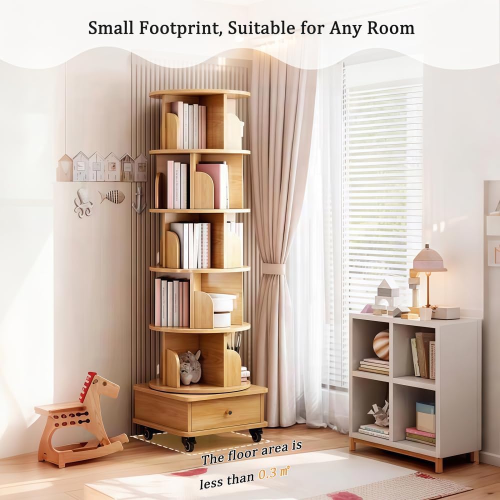 360° 6 Tier Rotating Bookshelf with Drawer and Wheels, Tall Bookcase for Small Spaces, Corner Shelf for Bedroom, Living Room, Office, Wood Bookshelf, Natural