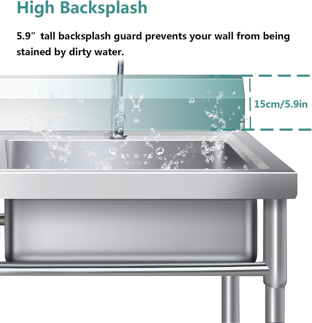Commercial Triple Bowl Kitchen Sink, Stainless Steel Utility Sink, Washing Basin for Indoor Outdoor Garage Backyard(120X60cm/47.2X23.6in)