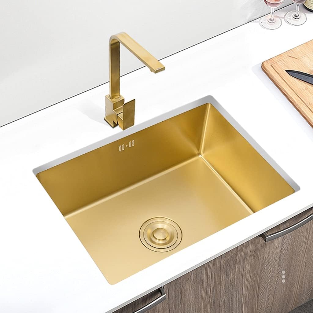Kitchen Sink Single Bowl Bar Counter Preparation Gold Square 304 Stainless Steel with Faucet and Drain Pipe Drop-in Or Undermount (Color : Gold, Size : 60×40cm) (Gold 45×40cm)