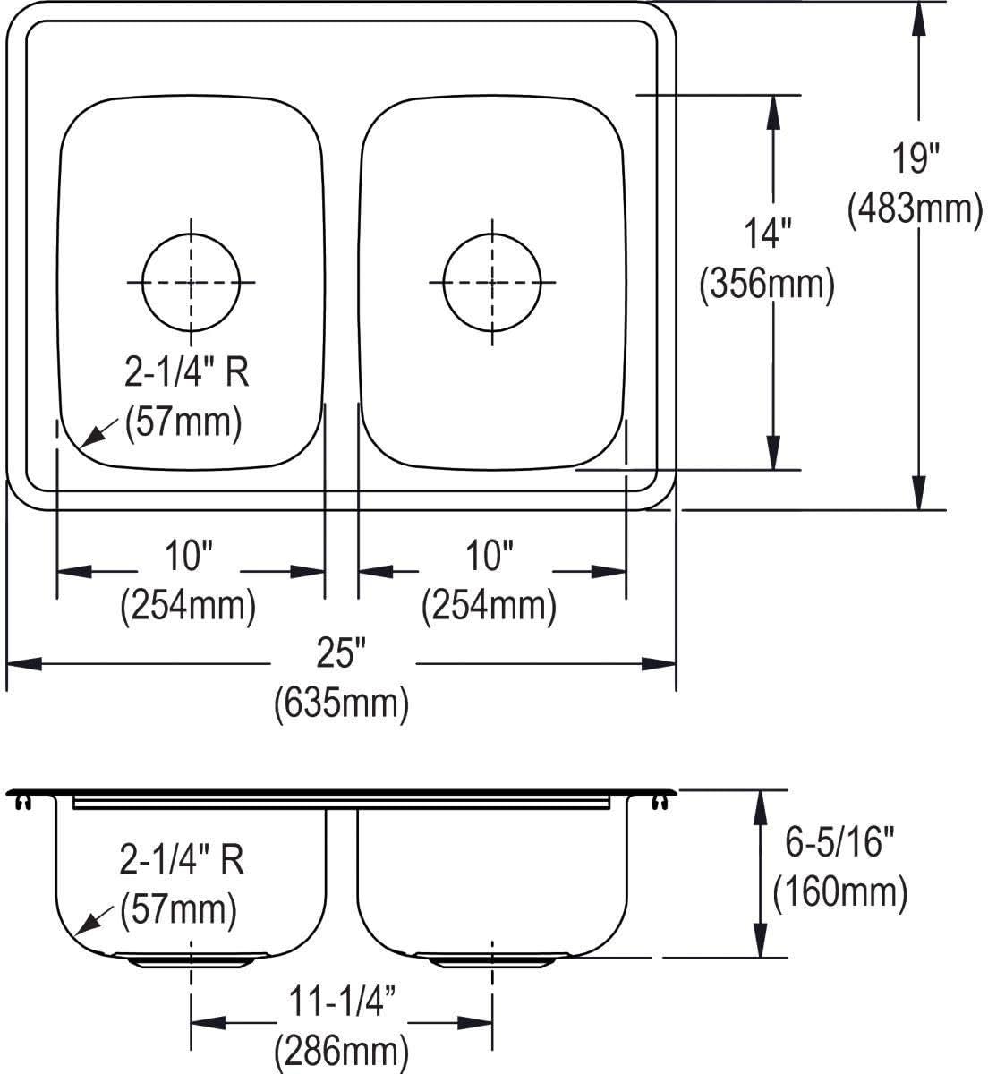 Elkay Dayton Stainless Steel 25' x 19' x 6-5/16', 5-Hole Equal Double Bowl Drop-in Sink