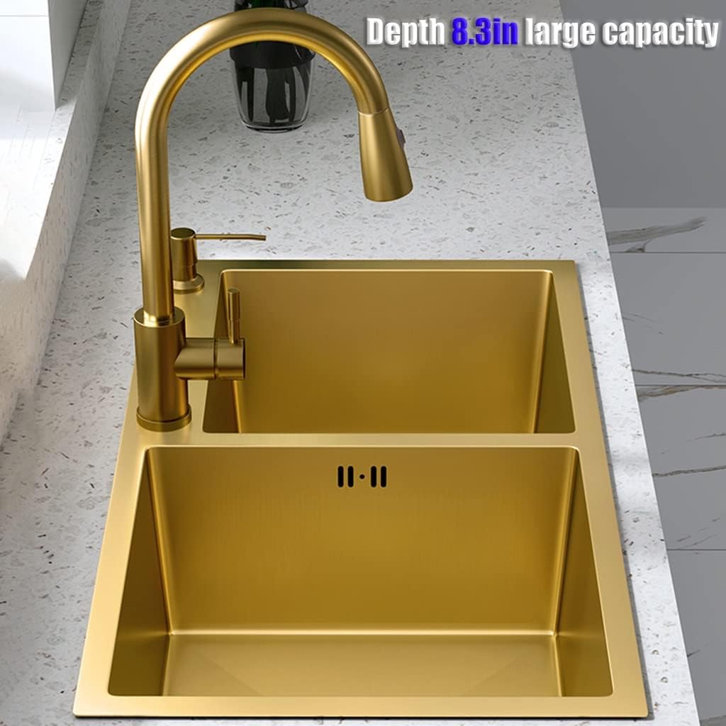 Gold Double Bowl Kitchen Sink 29.5×15.7inch Stainless Steel Bar Laundry Trough with Sink Accessories Top Mount & Undermount (Color : Gold, Size : 75x40x22cm) (Gold 75x40x22cm)