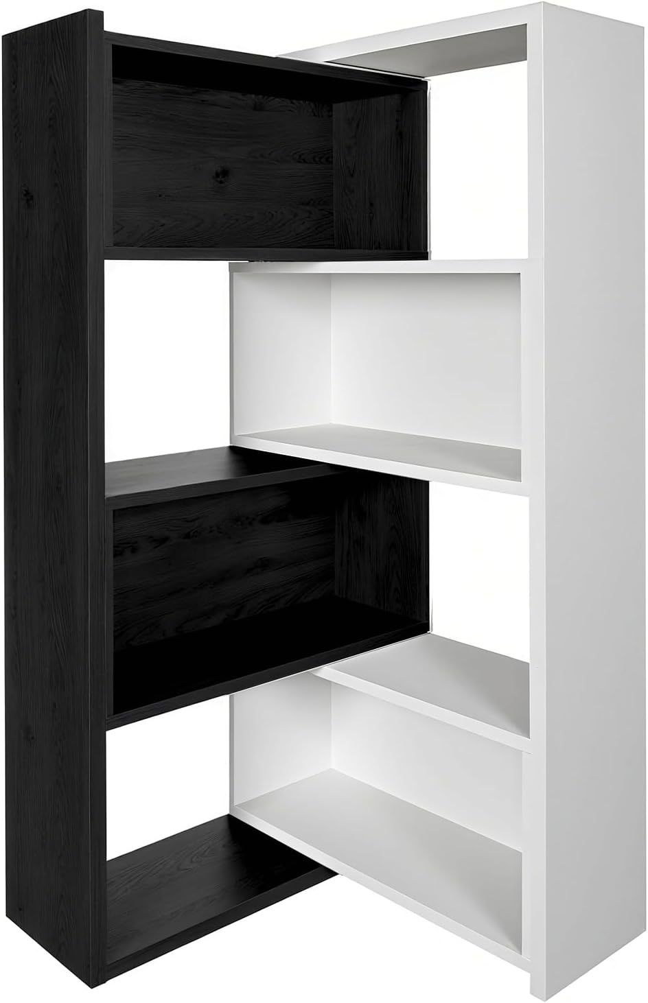 Expandable 3-in-1 Convertible Bookcase with Adjustable Width, Corner & Straight Shelf Design, 4-Tier Modern Storage Organizer, Space-Saving (Black + White, 23.6' × 11.8' × 63.0')