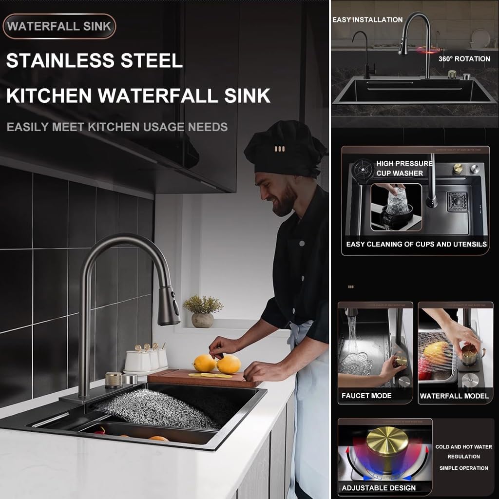 Generic Stainless Steel Waterfall Sink Multifunctional Single Bowl Kitchen Sink Coated Workstation Sink with 3-in-1 Pull-Out Faucet,Drainage Cponent,Cup Washer (Color : Black-Grey, Size : 68x