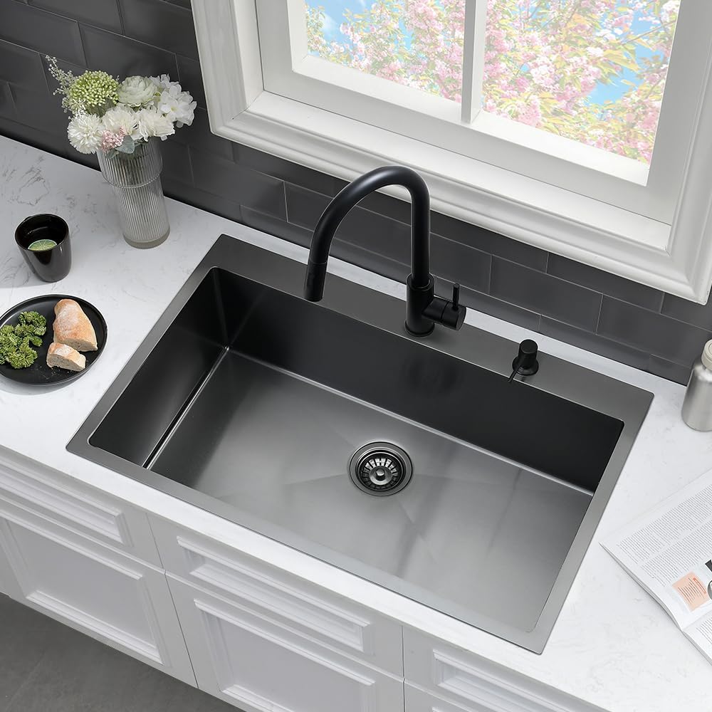 30 Inch Black Kitchen Sink Drop In-VASOYO 30x18 Black Stainless Steel Drop In Kitchen Sink Deep Single Basin Kitchen Sink Top Mount Kitchen Sinks with Faucet Combo