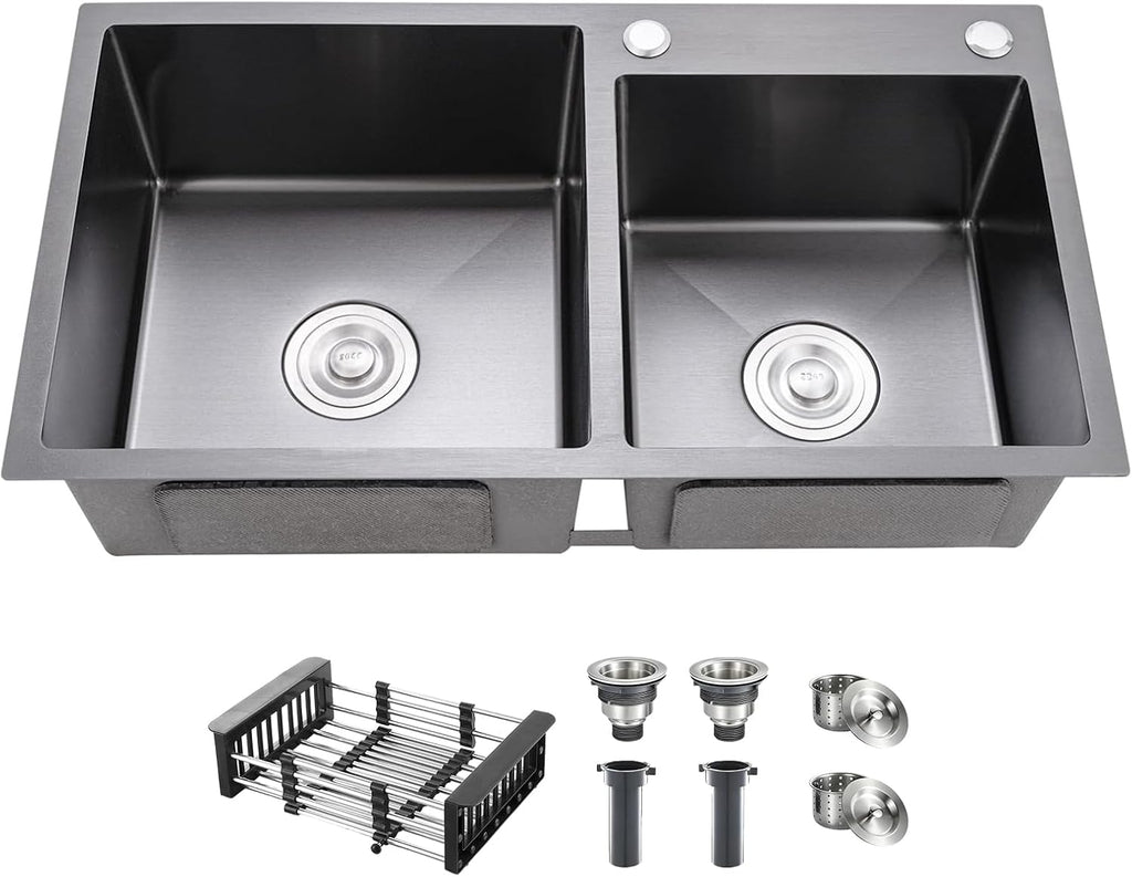 31' x 18' Black Double Bowl Kitchen Sink, Drop-in/Topmount Overmount Kitchen Sinks Basin with 304 Nano-Coated and Accessories