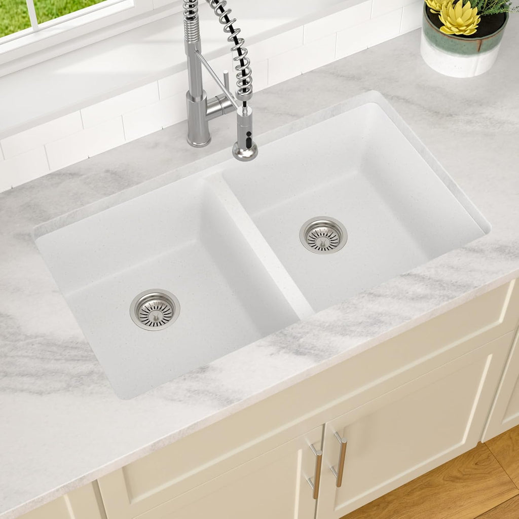 Dcolora 33 Inch Double Bowl Undermount Kitchen Sink White Deep Double Basin Prep Sink 50/50 Split Granite Composite 33'×19'×10',#DC-GU001W