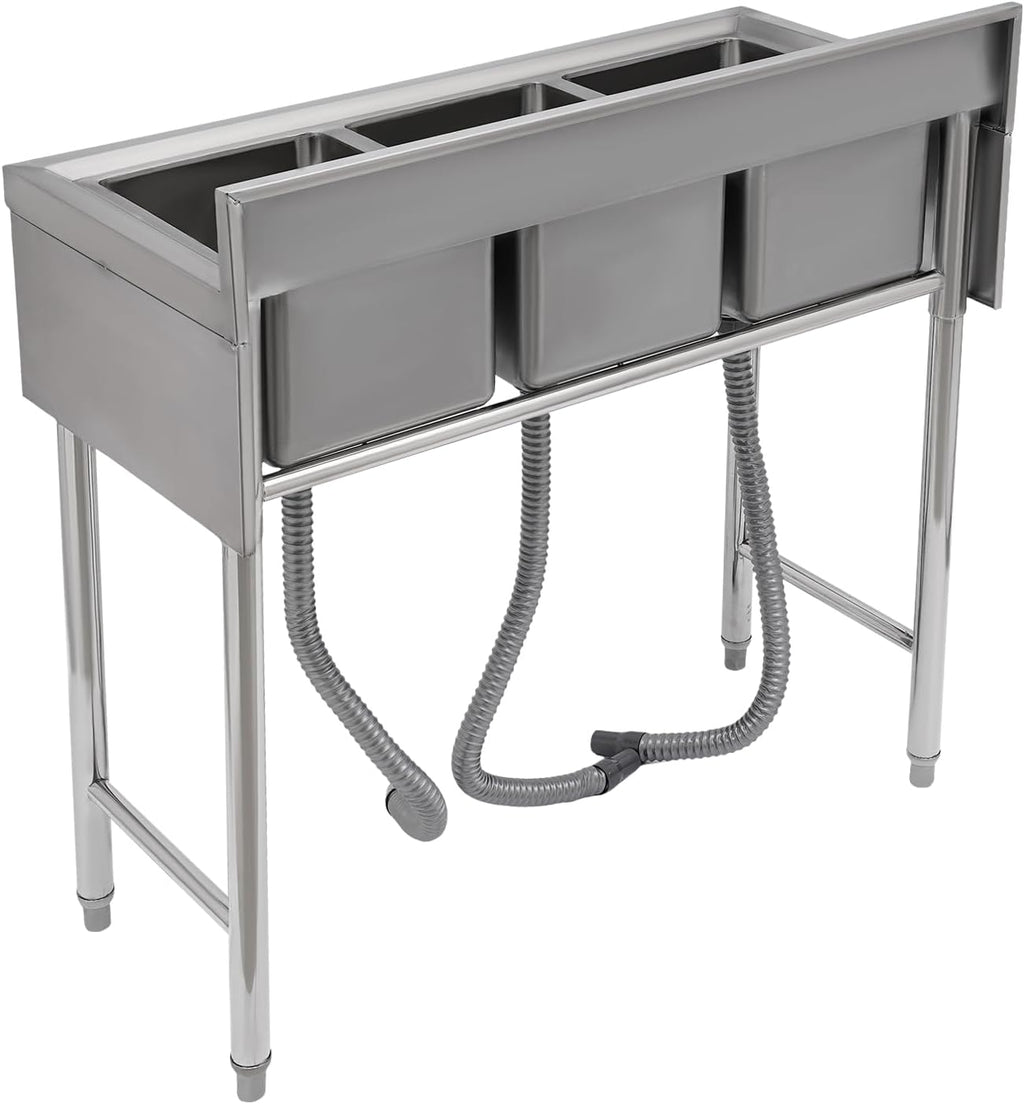 Utility Sink Commercial Grade 304 Stainless Steel 3-Bowl Kitchen Sink with Retractable Faucet - Heavy Duty Triple Compartment Bar Sink for Restaurants, Cafes (300kg Capacity, SPI