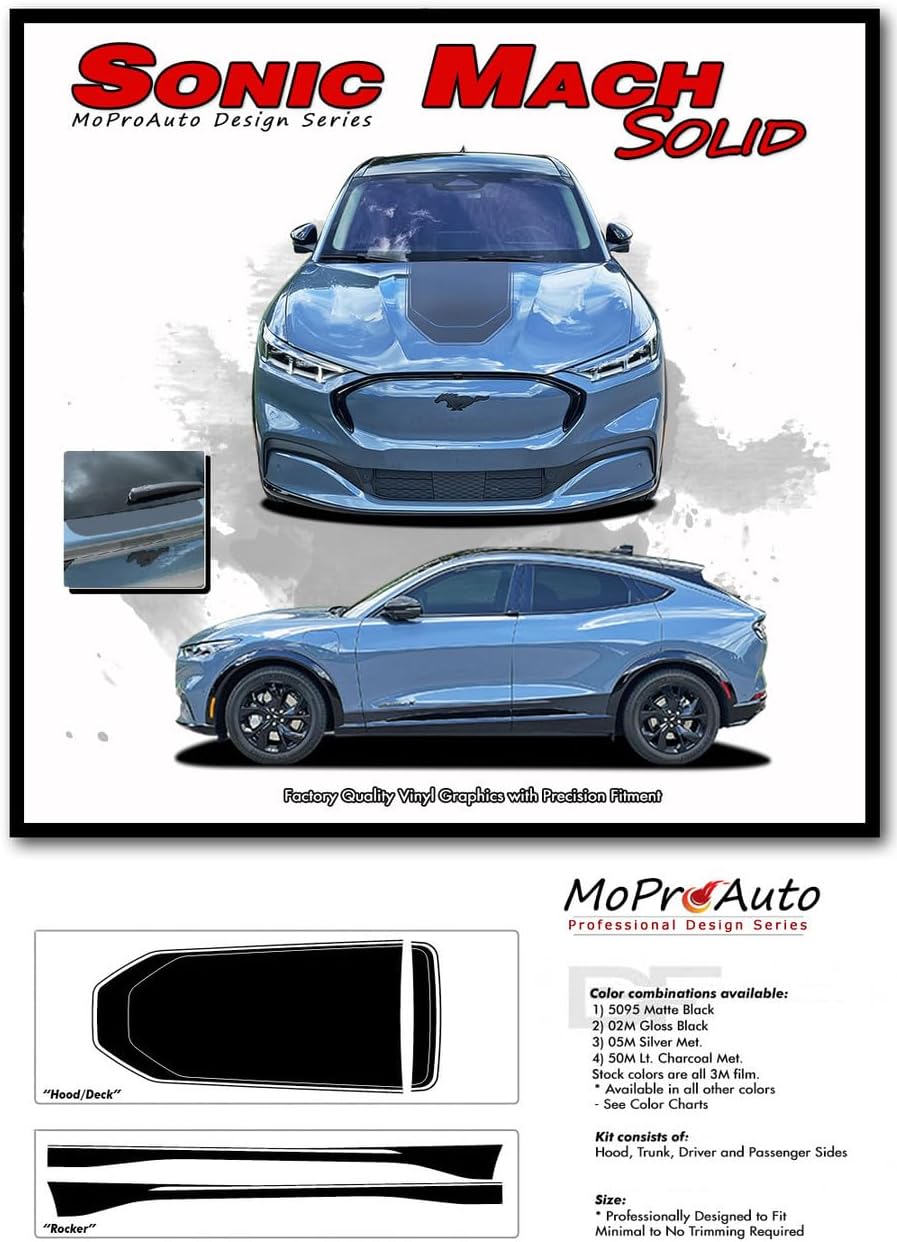 Original MACH Sonic Solid : Compatible with 2021-2026 Ford Mustang Mach-E Hood Stripes Trunk Side Rocker Decals Vinyl Graphics (Fits Model as Shown) (12WP Gloss Black – Dry Install)