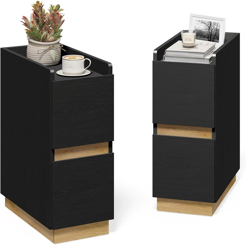 Narrow Night Stands, Modern Slim Nightstand Set of 2, Wooden Skinny Bedside Table 2 Drawers, Stackable Narrow Side Table with Drawers for Small Spaces, Bedroom, Living Room, Black