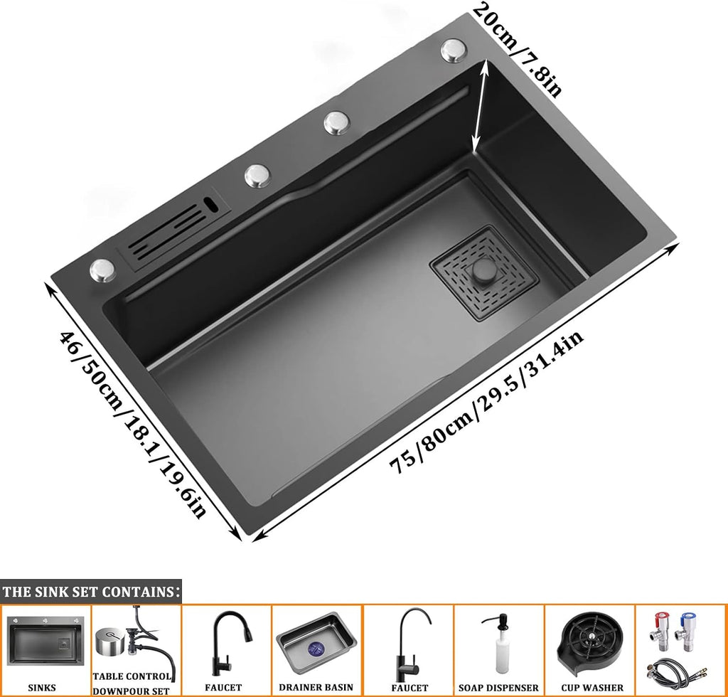 304 Stainless Steel Nano Kitchen Sink Multi-Purpose Single Bowl Bar Sink Rv Sink with Pull-Out Faucet and Cup Washer Top Mount Or Undermount (Color : Black, Size : 80x50x20cm) (Black 75x46x20cm)