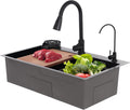 DYRABREST 29.5 Inch Stainless Steel Kitchen Sink Multi-Function Commercial Sink Set with Cutting Board & Basin-in-Basin, Drop-In/Undermount Install, Cup Rinser and Drainer for Restaurant Home (Black)