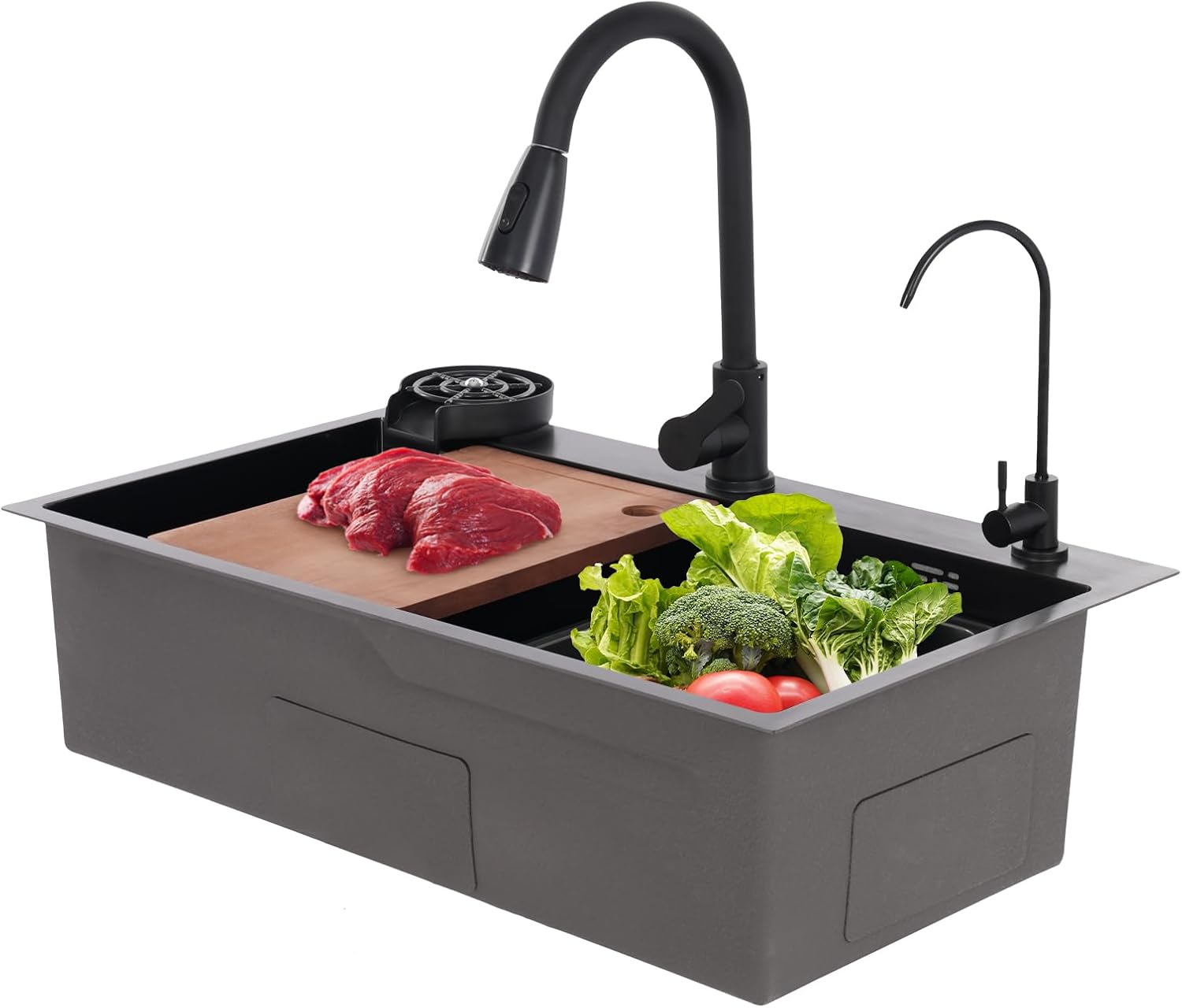 DYRABREST 29.5 Inch Stainless Steel Kitchen Sink Multi-Function Commercial Sink Set with Cutting Board & Basin-in-Basin, Drop-In/Undermount Install, Cup Rinser and Drainer for Restaurant Home (Black)