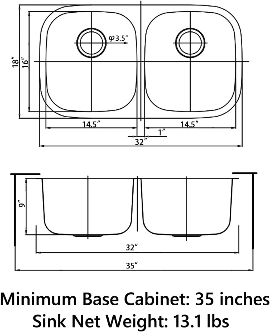 Sinber MU3218D 32' x 18' x 9' Undermount Double Bowl Kitchen Sink with 18 Gauge 304 Stainless Steel Satin Finish (Sink Only)