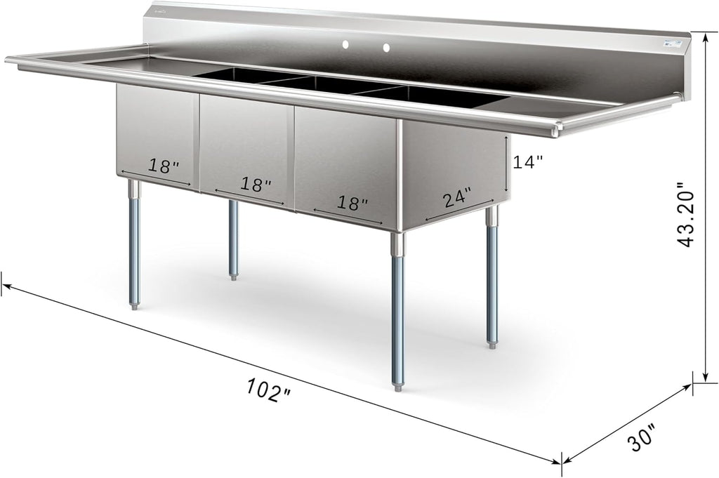 KoolMore 102 in. Three Compartment 18-Gauge Stainless-Steel NSF Commercial Kitchen Sink, Bowl Size 18x24x14, with Three Basins for Washing and Rinsing Dishes with Two Drainboards (KM-SC182414-24B3)