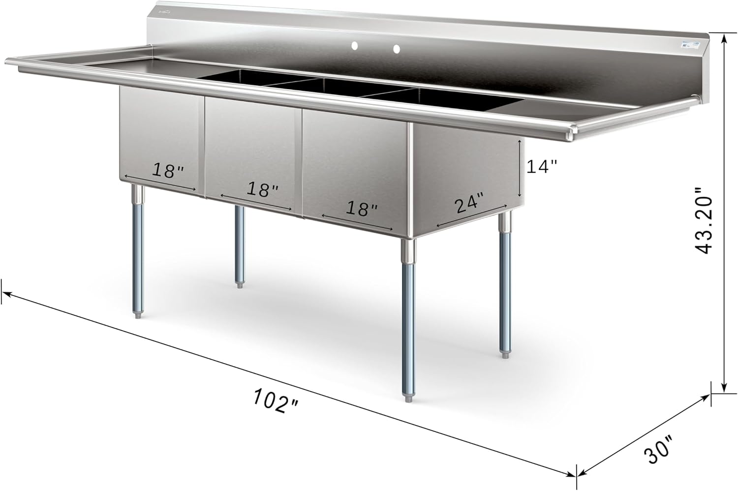 KoolMore 102 in. Three Compartment 18-Gauge Stainless-Steel NSF Commercial Kitchen Sink, Bowl Size 18x24x14, with Three Basins for Washing and Rinsing Dishes with Two Drainboards (KM-SC182414-24B3)