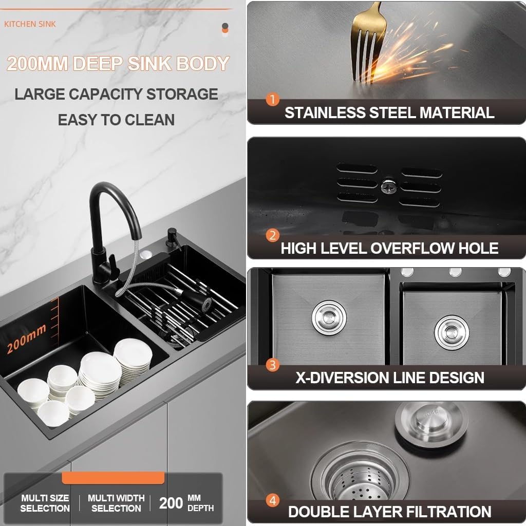 OM Black Nano Double Bowl Kitchen Sink Multifunctional Stainless Steel Bar Sink with Pull-Out Faucet Drain Basket Soap Dispenser Drainage Component (Black-72x40x21cm