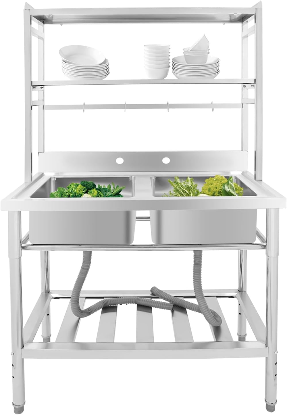 Double Stainless Steel Sink with Bracket,2 Compartment Commercial Stainless Steel Utility Sink Free Standing Sink Kitchen Sink with 2 Drains, 35x21x68' (2 Bowl with Bracket)