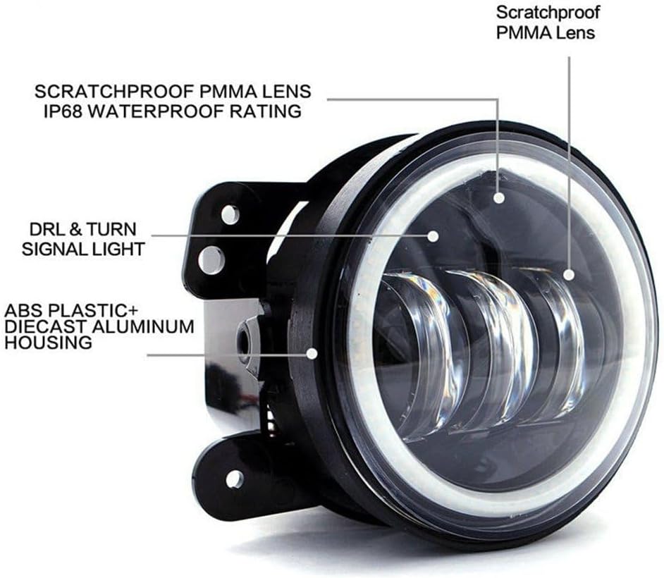 4 Inch 60 W 6000 LM LED Fog Light Bulbs 2 Pieces Kit with Halo White DRL + Amber Indicator Black,10,2 cm