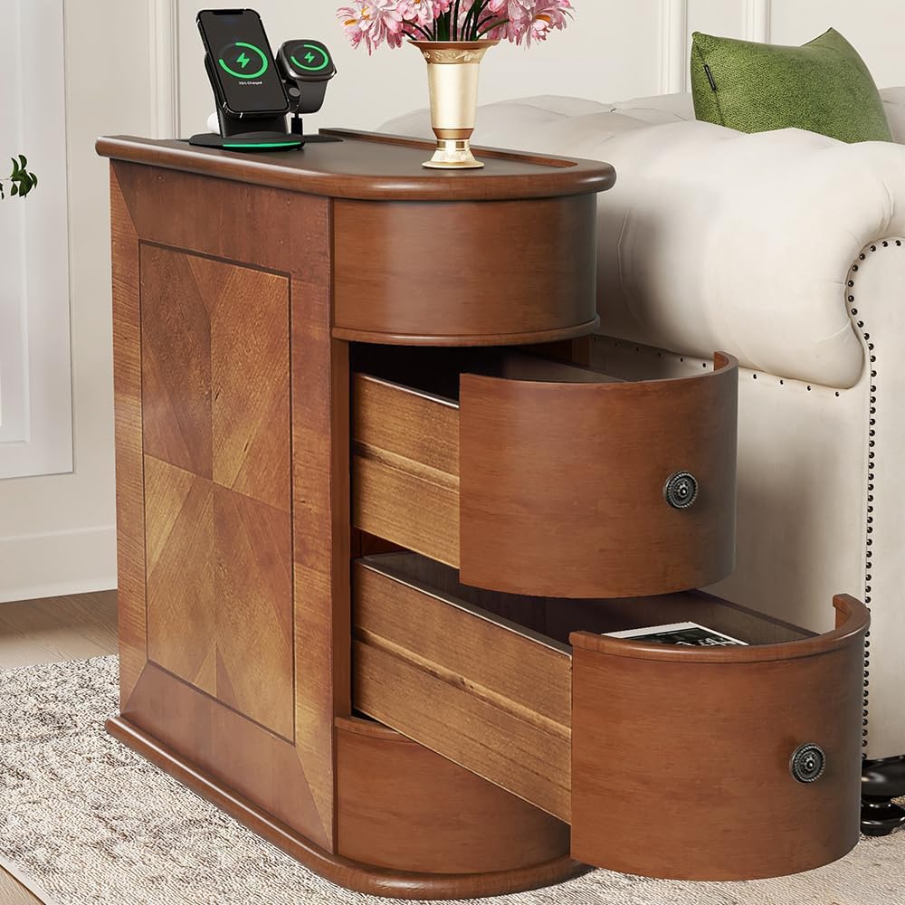 Narrow End Table with Charging Station, Wood Side Table with Drawers for Small Spaces, Long Nightstand with Storage, Slim Bedside Cabinet for Living Room/Bedroom/Corner, Fully Assembled, Walnut
