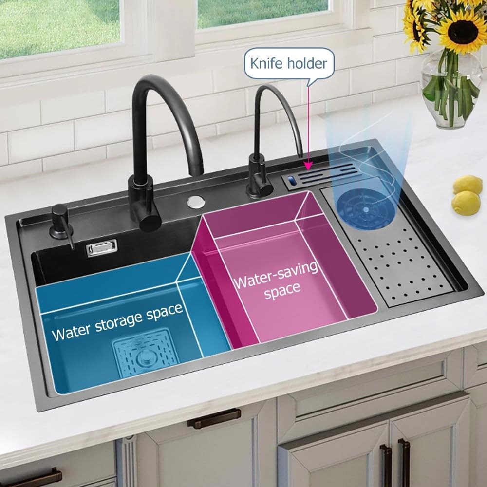 KunMai Drop-in Kitchen Sink Black Kitchen Sink Workstation with High-pressure Cup Washer Stainless Steel Sink