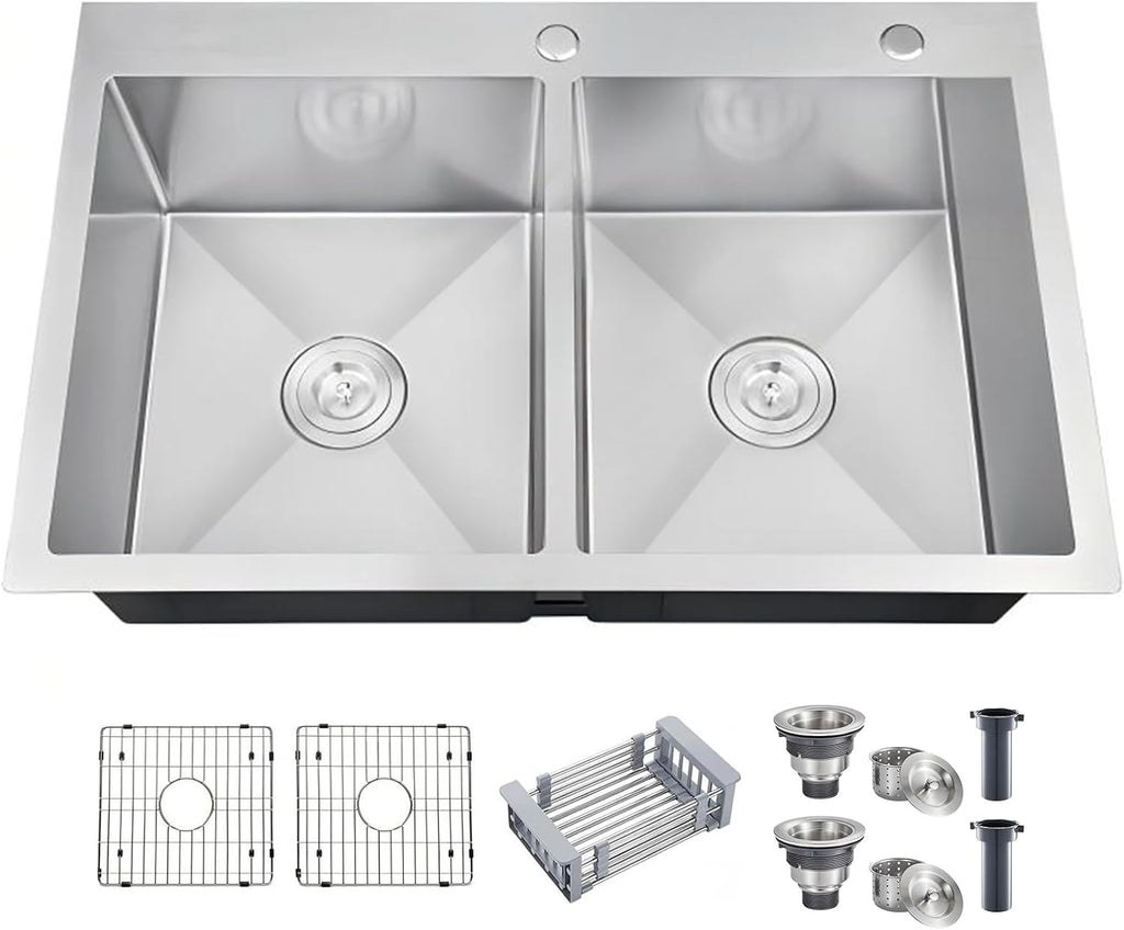 33 Inch Drop In Double Bowl Kitchen Sink with Nano Coating, 20 Gauge 304 Stainless Steel Topmount Kitchen Sink with Accessories